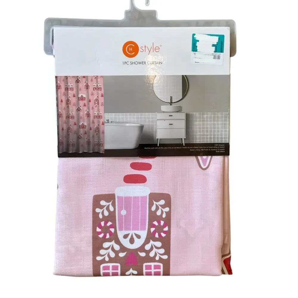 Christmas GINGERBREAD HOUSE Shower Curtain 72x72 Pinkmas Holiday Glam NEW